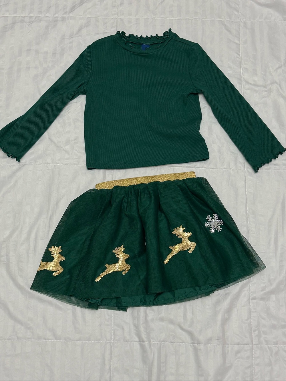 Old Navy Dark Green Skirt Set with Gold Reindeer Accents
